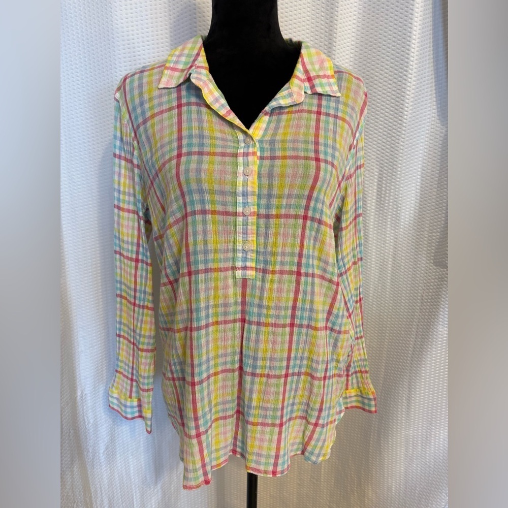 Talbots 100% cotton multicolored pastel plaid long sleeve crinkled popover shirt